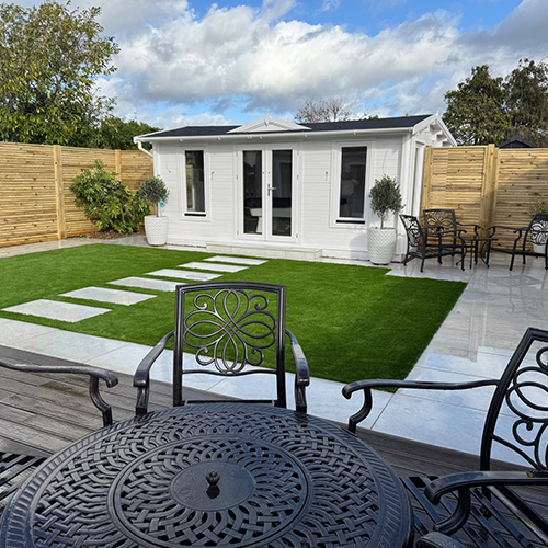 artificial grass, Indian sandstone patio and pathway, landscaping Essex