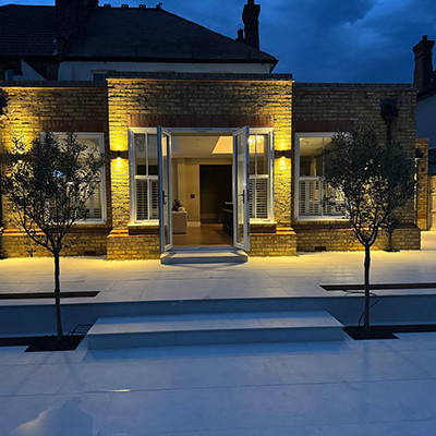 Porcelain patio on 2 levels with planters, landscapers in Romford Essex