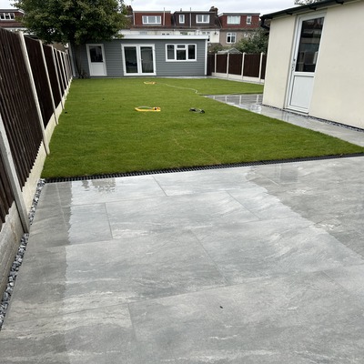 Porcelain patio and steps using Earthcore Grey slabs in Romford havering essex