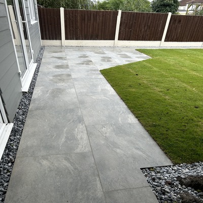 porcelain patio, artificial lawn, fencing, planting, garden designs, essex