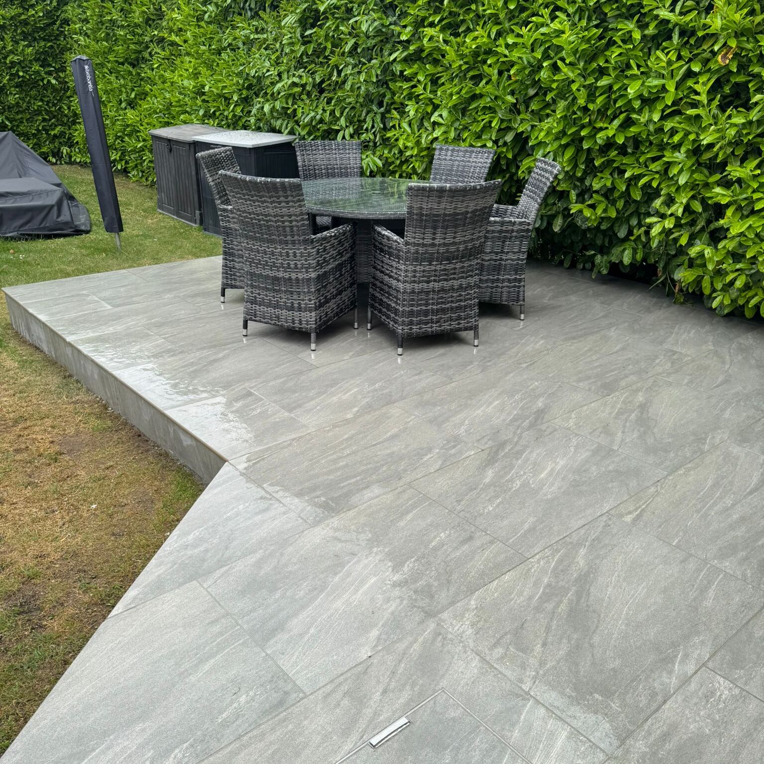 porcelain patio using Anthracite Light Porcelain slabs, installed Basildon Essex